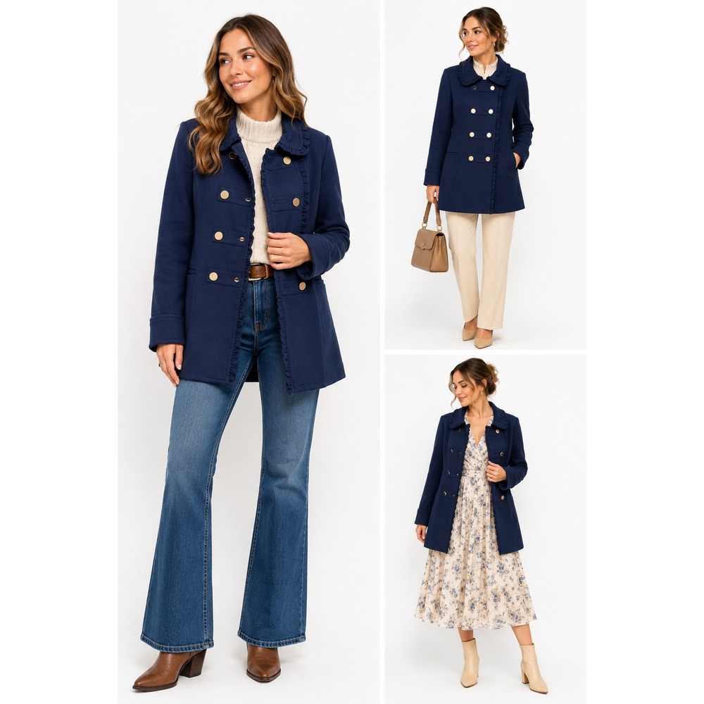 Crown‎ & Ivy Peacoat Medium Navy Blue Ruffle Trim Gold Button Double Breasted